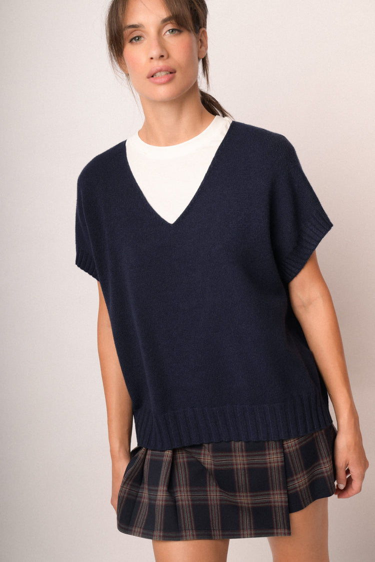 Pull a mezze maniche con scollo a V blu