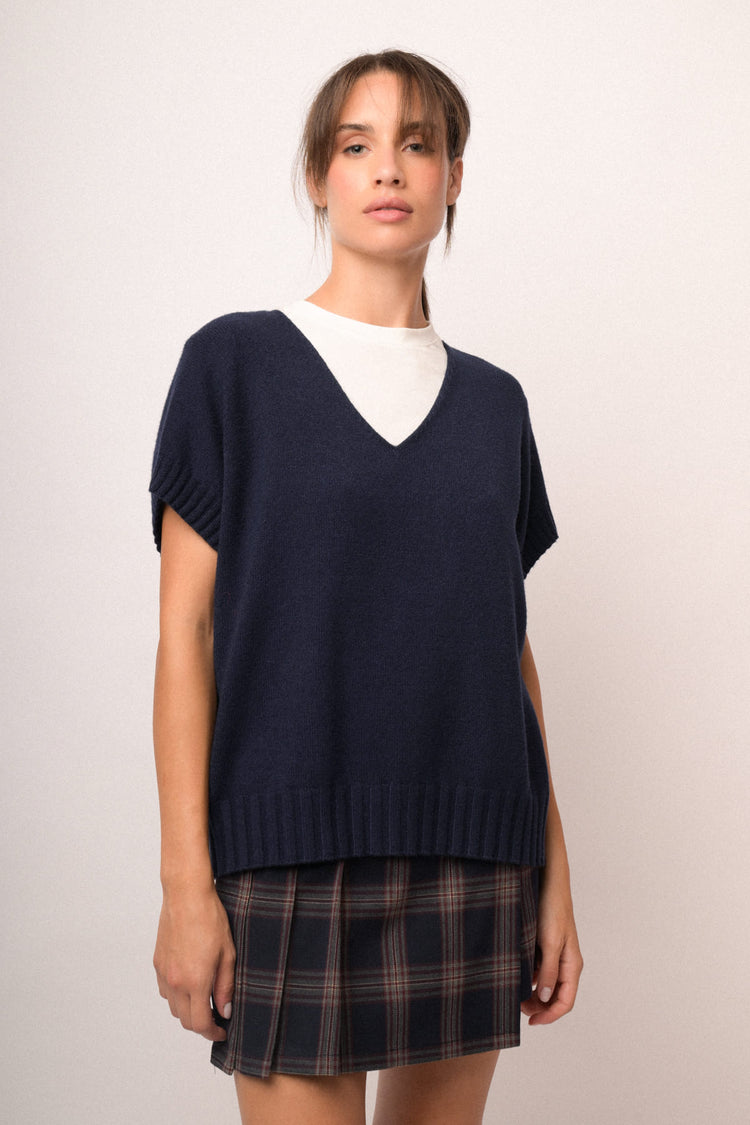 Pull a mezze maniche con scollo a V blu