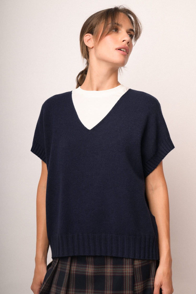 Pull a mezze maniche con scollo a V blu