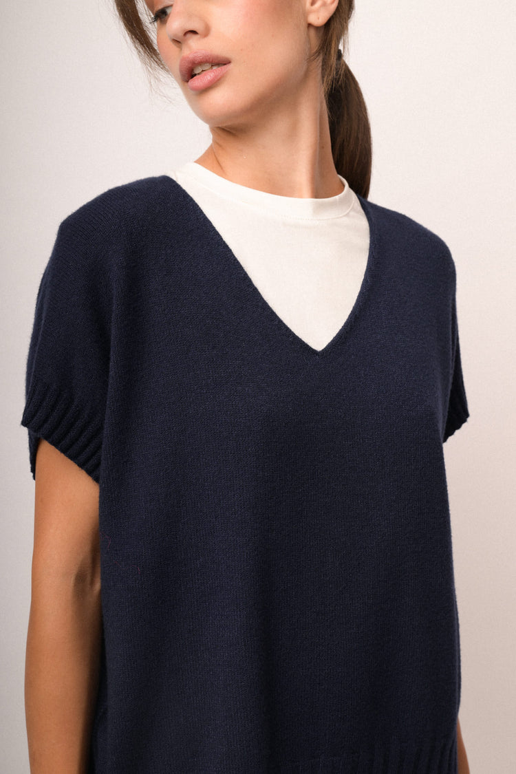 Pull a mezze maniche con scollo a V blu