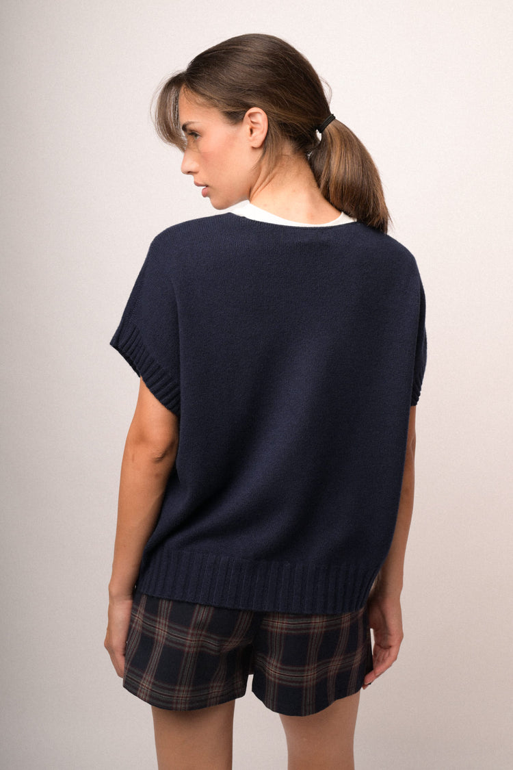 Pull a mezze maniche con scollo a V blu
