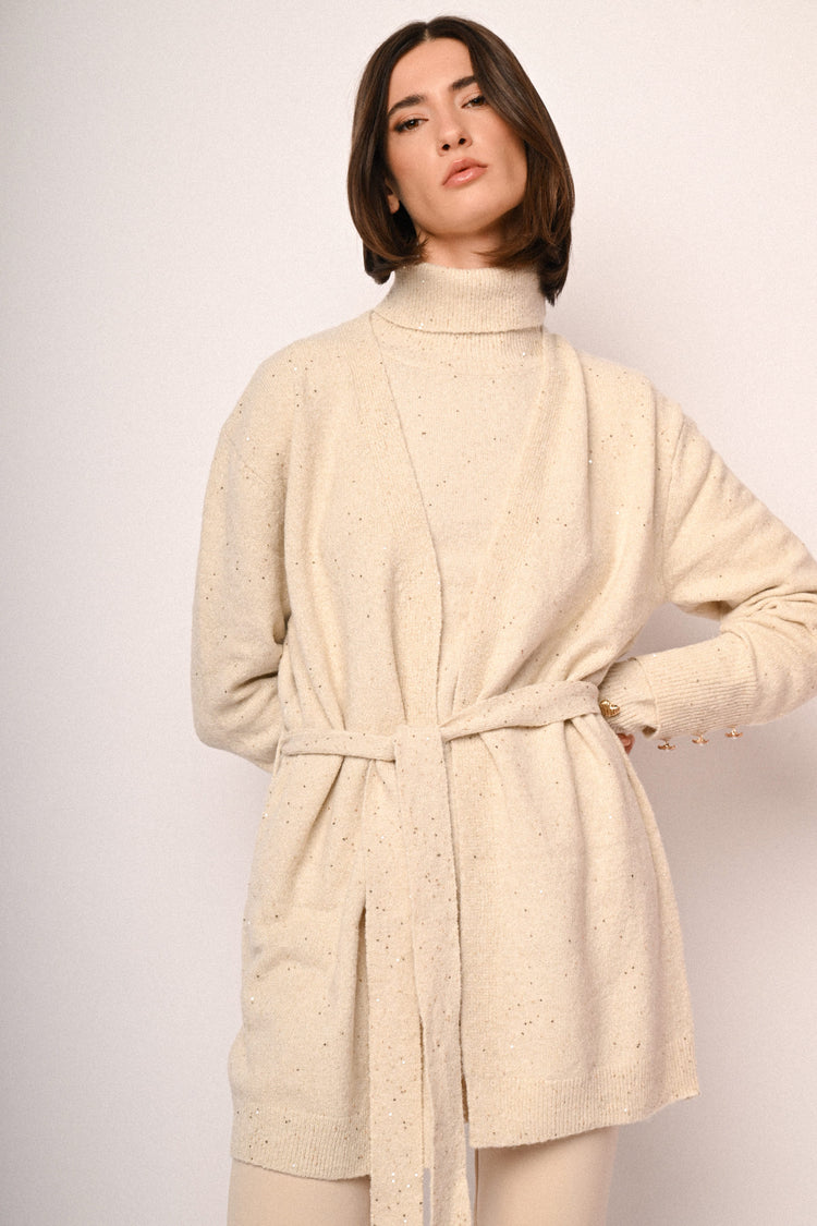 Cardigan lungo con paillettes e cintura