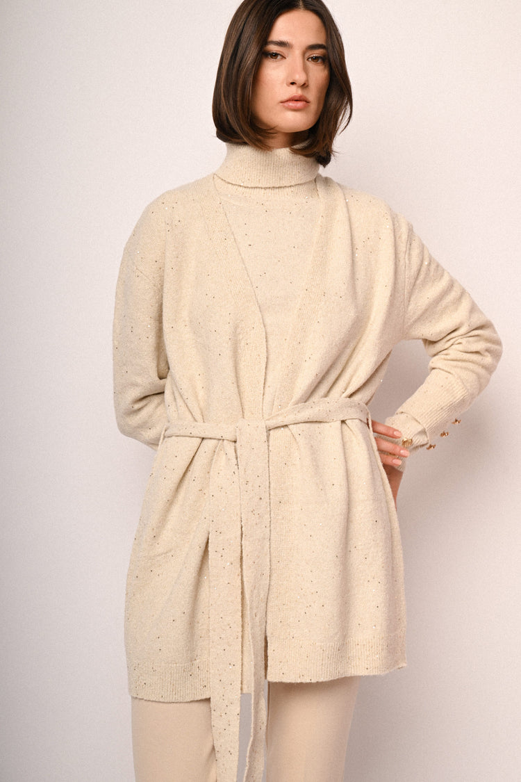 Cardigan lungo con paillettes e cintura