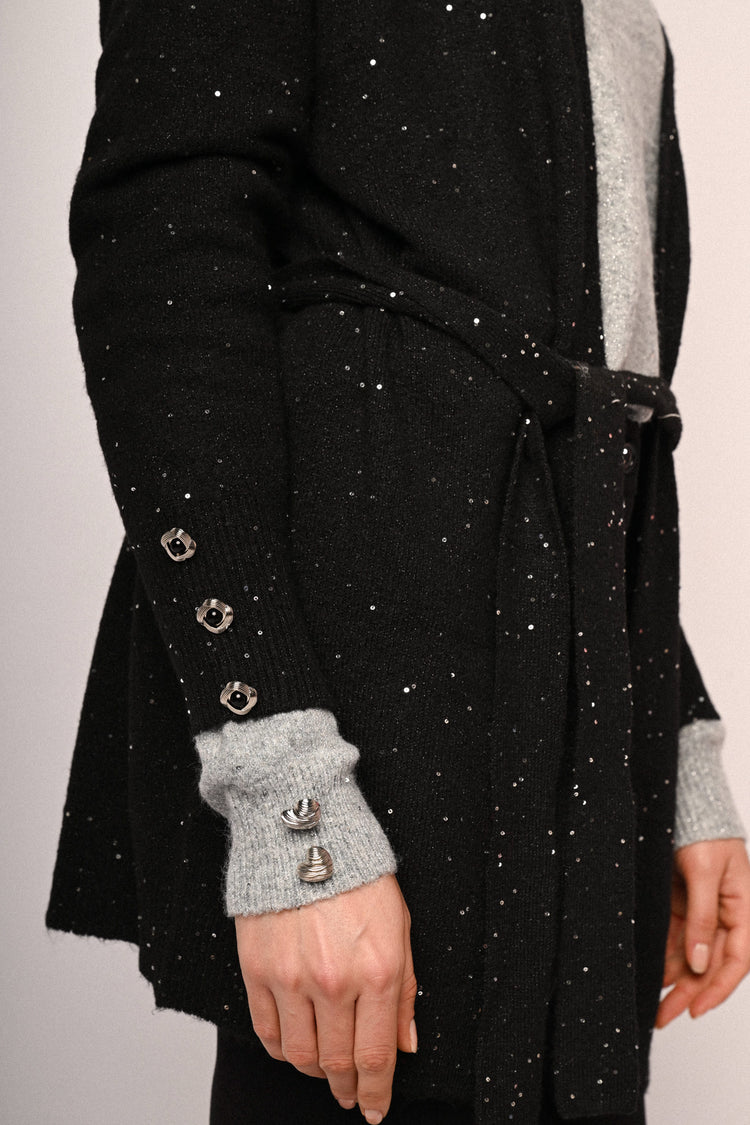 Cardigan lungo con paillettes e cintura