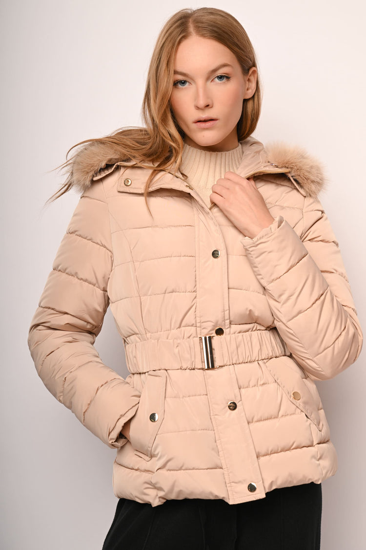 Piumino corto con cappuccio bordato in faux fur