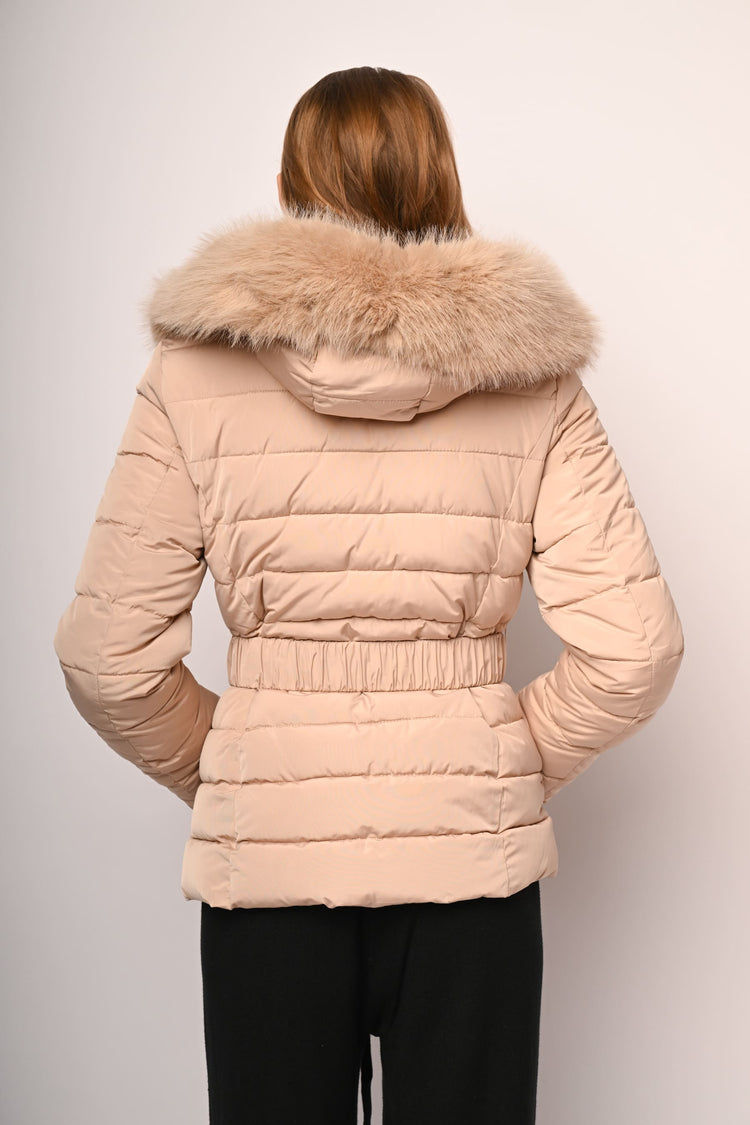 Piumino corto con cappuccio bordato in faux fur