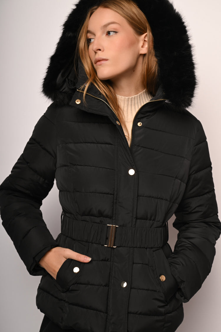 Piumino corto con cappuccio bordato in faux fur