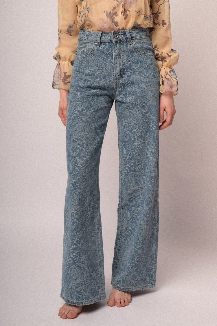 Jeans wide-leg a stampa Paisley azzurro