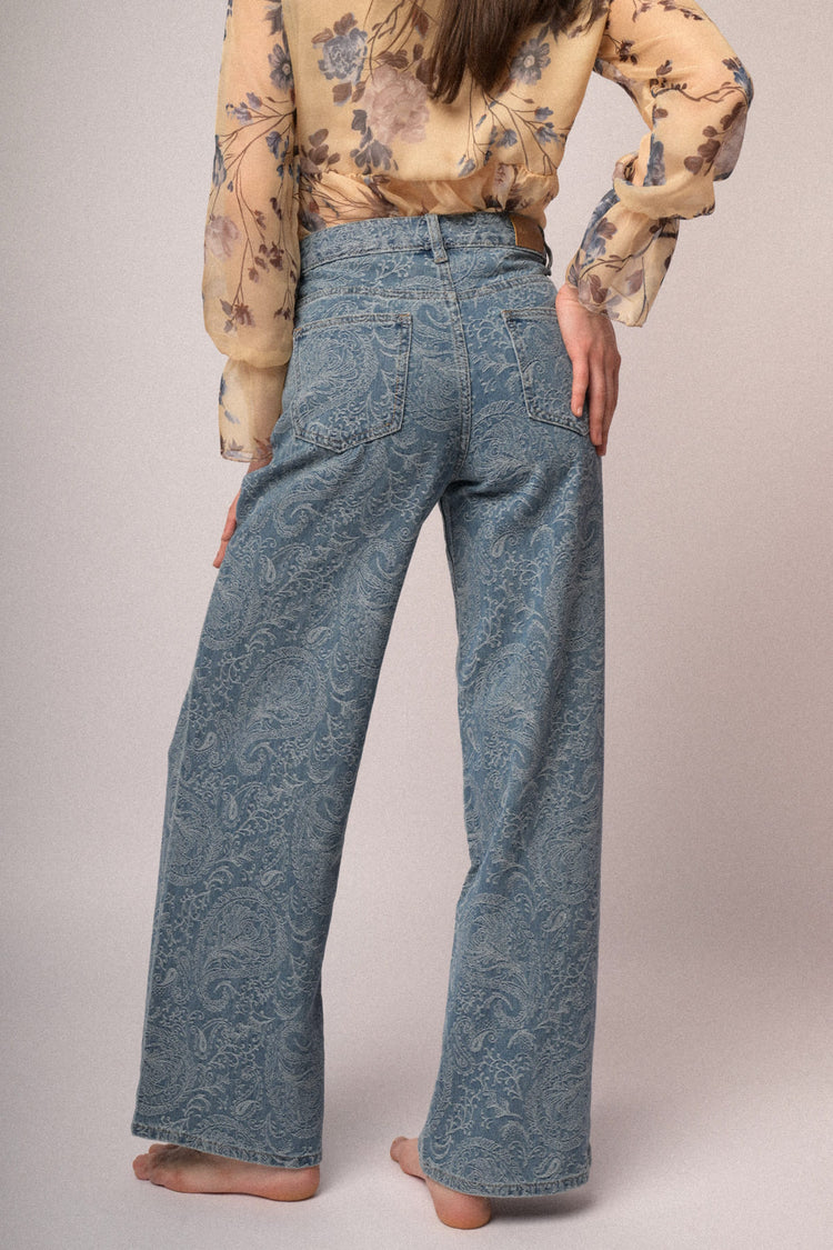 Jeans wide-leg a stampa Paisley azzurro