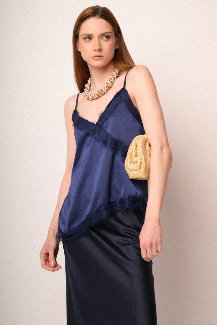 Top in raso con pizzo blu