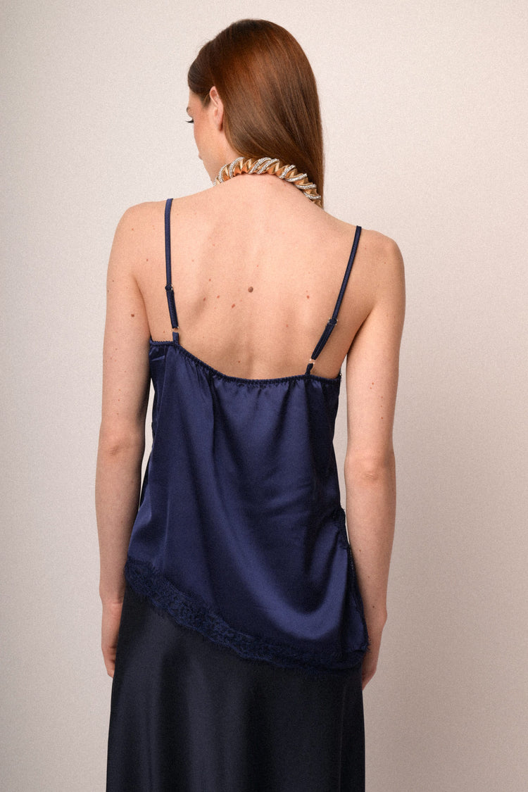 Top in raso con pizzo blu