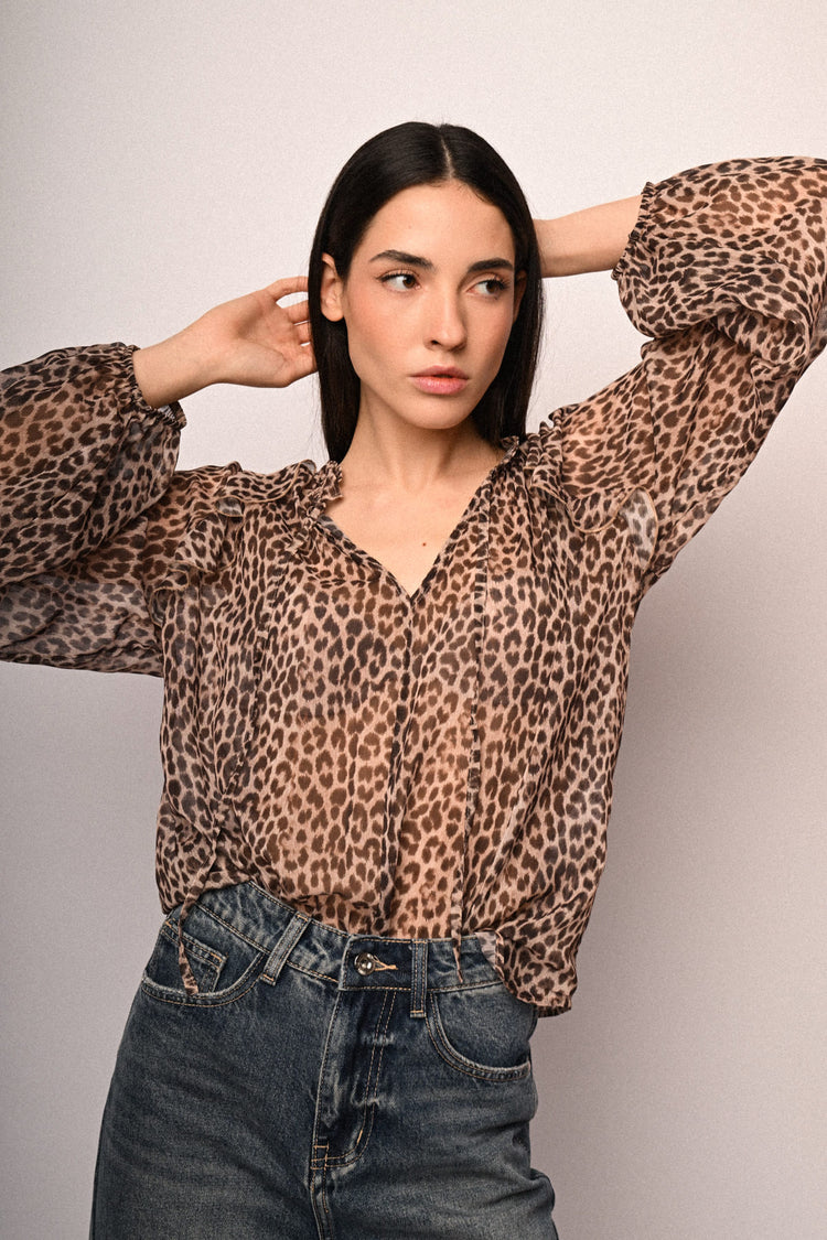 Blusa con laccetto e stampa animalier