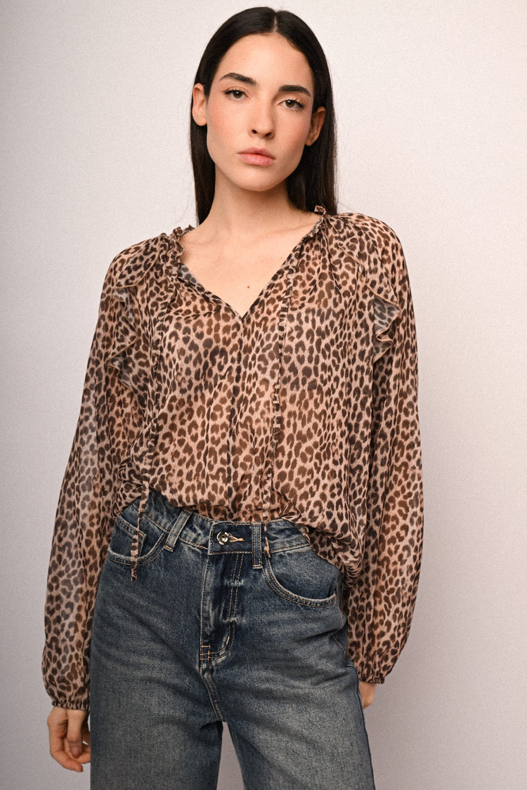 Blusa con laccetto e stampa animalier