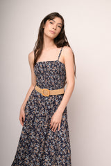 Abito lungo a punto smock a stampa floreale blu con cintura