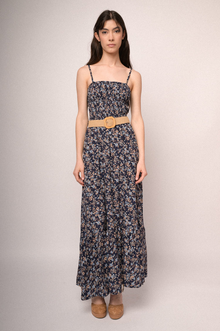 Abito lungo a punto smock a stampa floreale blu con cintura
