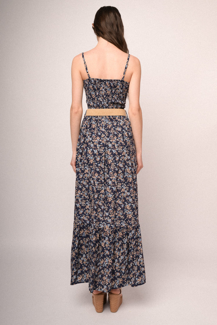 Abito lungo a punto smock a stampa floreale blu con cintura