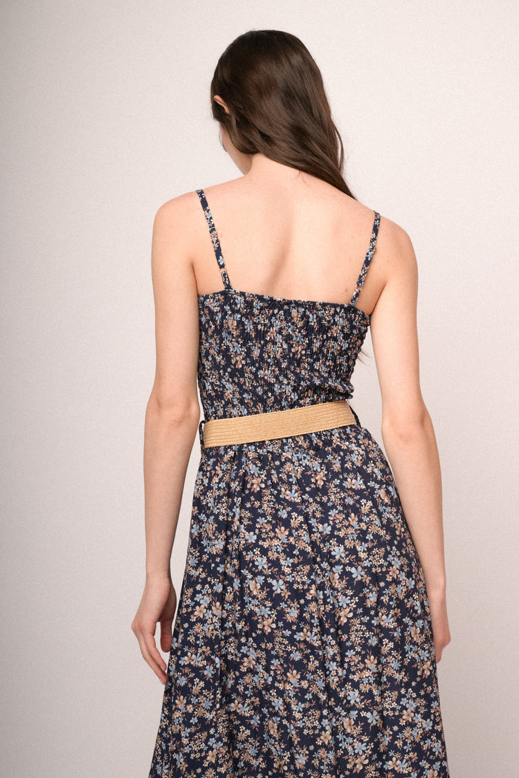 Abito lungo a punto smock a stampa floreale blu con cintura
