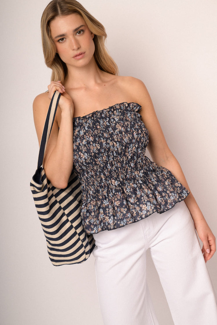 Top a bustier a punto smock con stampa micro-floreale blu