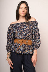 Blusa a spalle scoperte in viscosa a stampa floreale blu