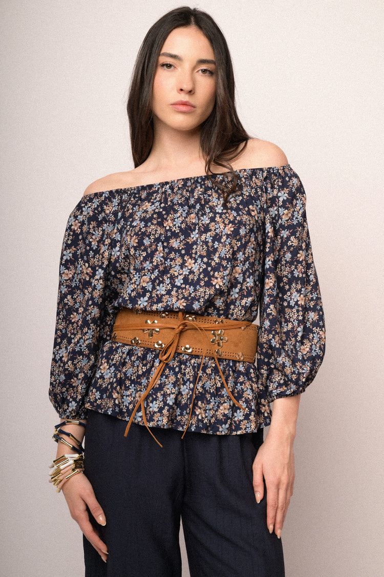Blusa a spalle scoperte in viscosa a stampa floreale blu