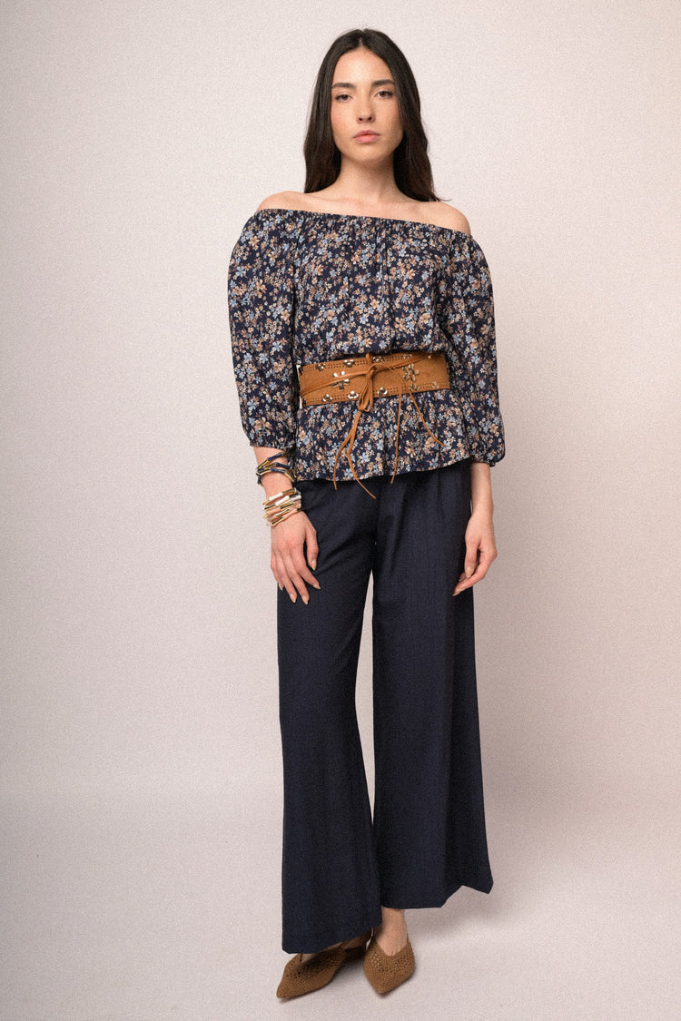 Blusa a spalle scoperte in viscosa a stampa floreale blu