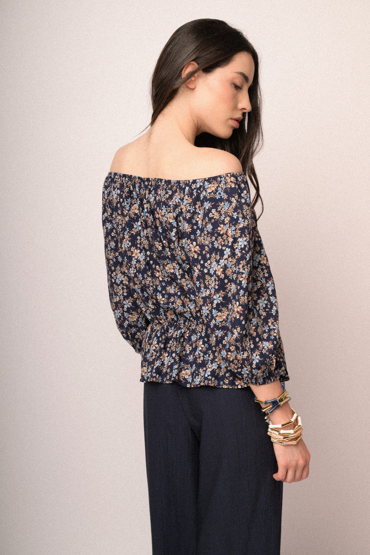 Blusa a spalle scoperte in viscosa a stampa floreale blu