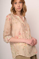 Blusa in cotone a righe & fiori beige