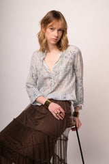Blusa in cotone a righe & fiori celeste