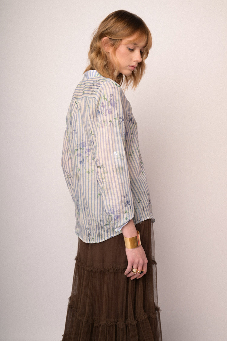 Blusa in cotone a righe & fiori celeste