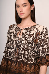 Blusa a stampa etnica con nastrini