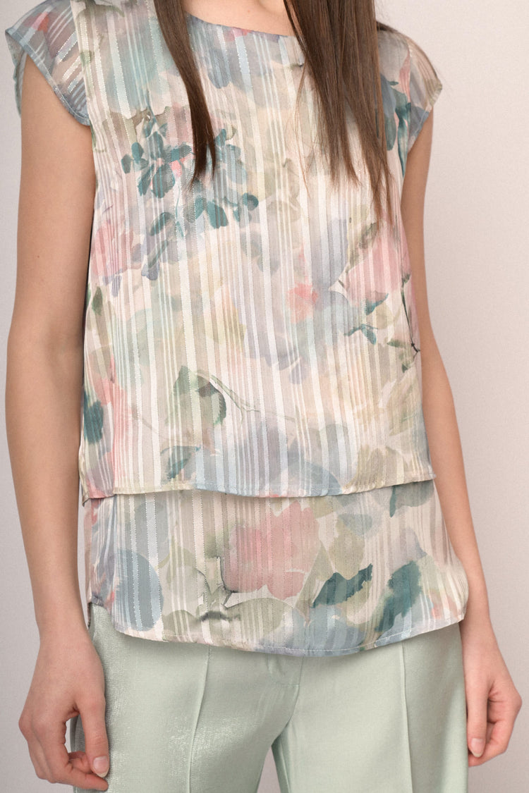 Top in georgette a stampa floreale effetto acquerello multicolor