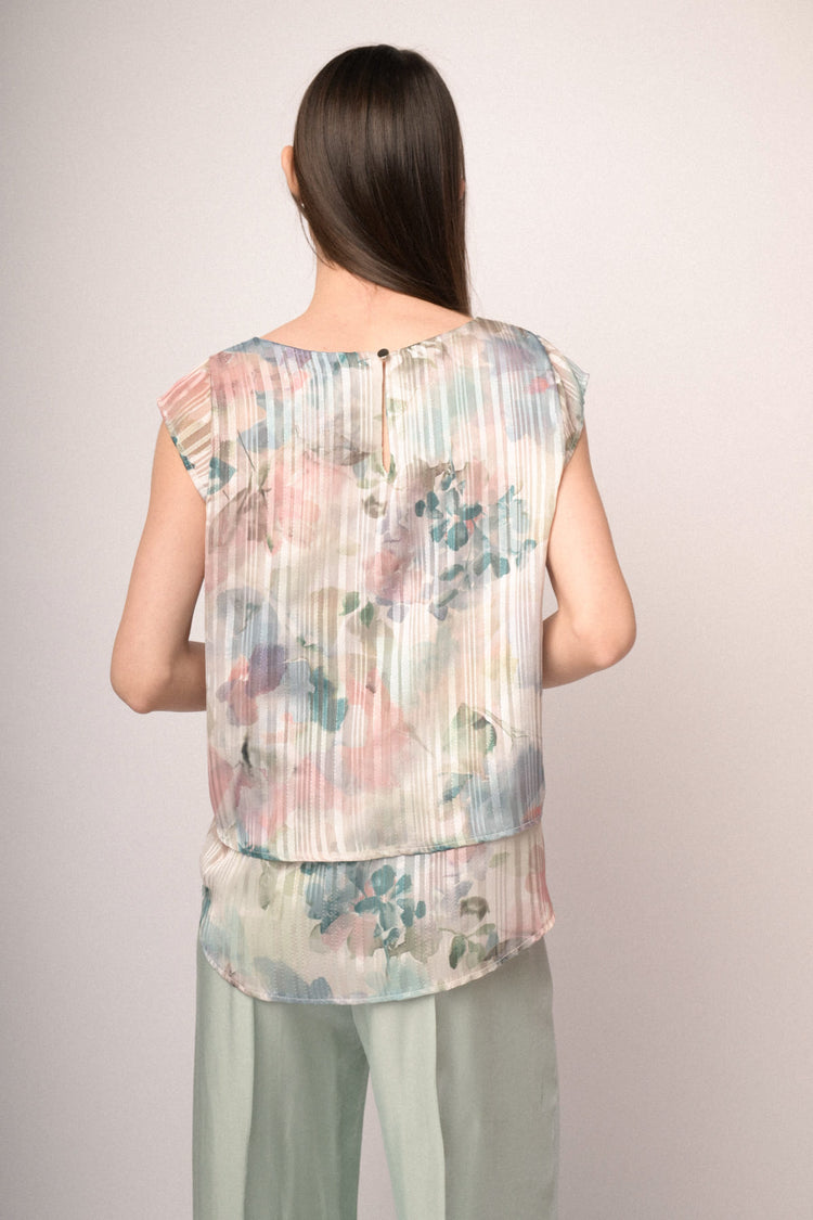 Top in georgette a stampa floreale effetto acquerello multicolor