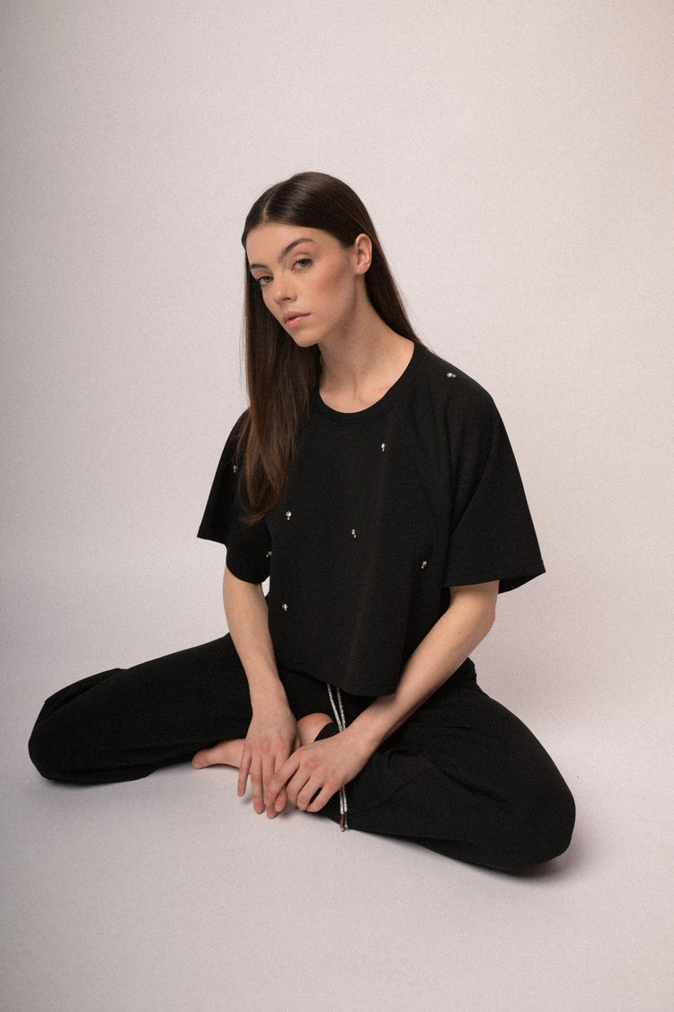 Felpa a mezze maniche con strass