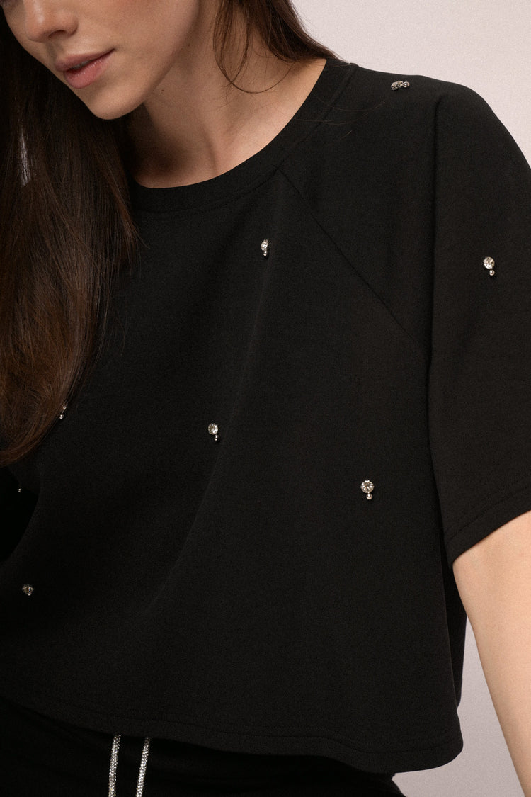 Felpa a mezze maniche con strass