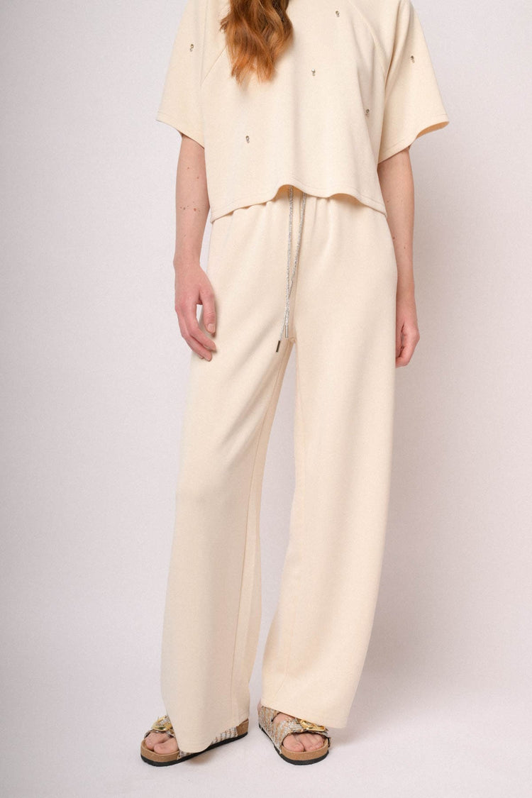 Joggers a gamba ampia misto modal avorio con coulisse in strass