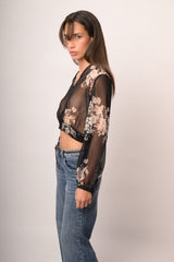 Top crop in tulle trasparente a stampa floreale nero/multicolor