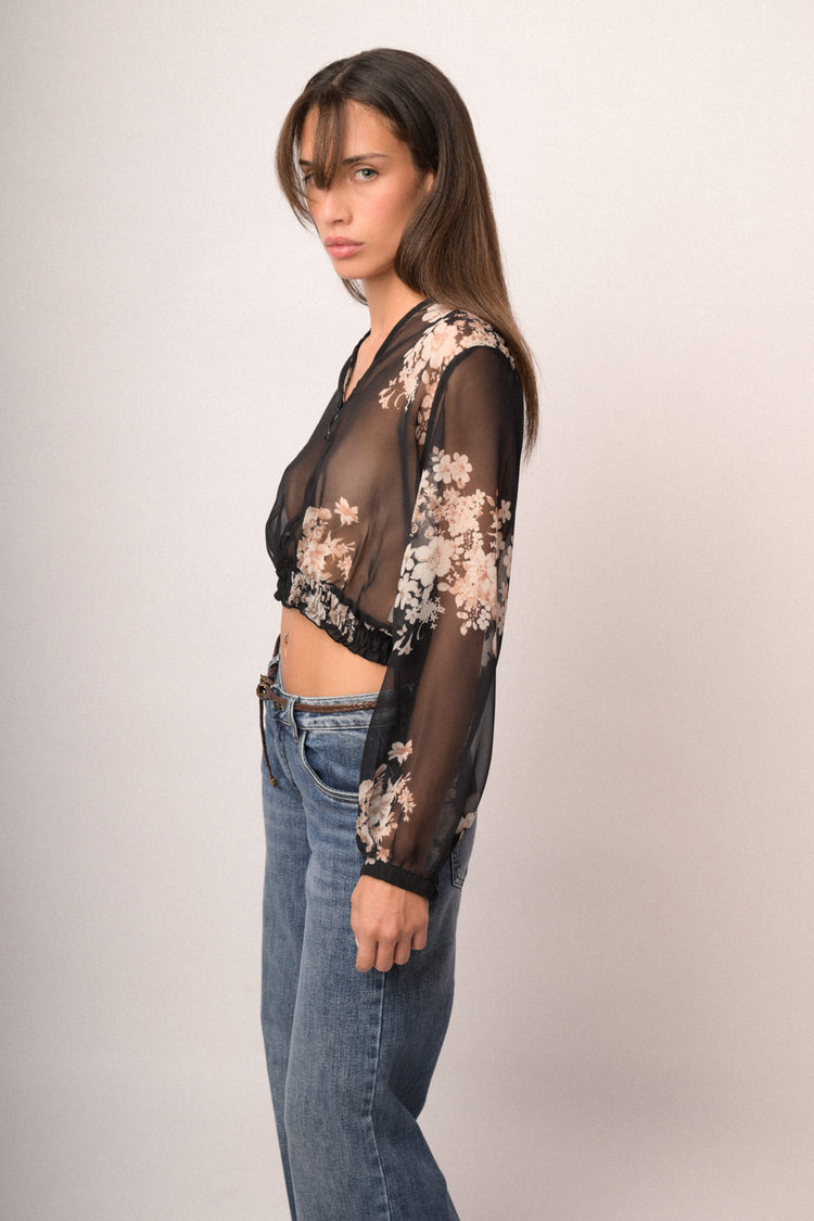 Top crop in tulle trasparente a stampa floreale nero/multicolor