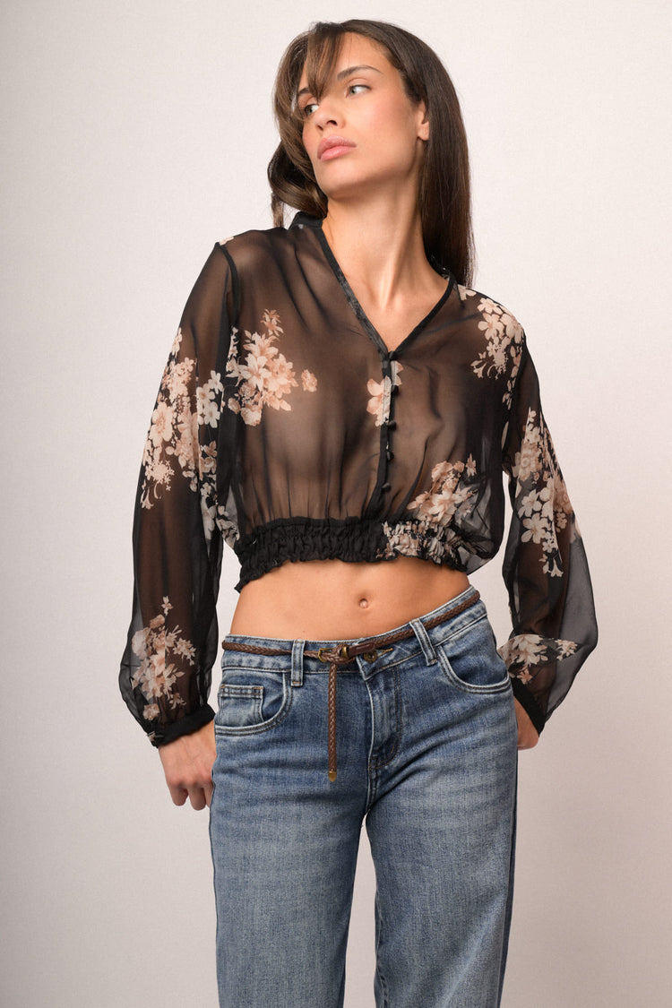 Top crop in tulle trasparente a stampa floreale nero/multicolor