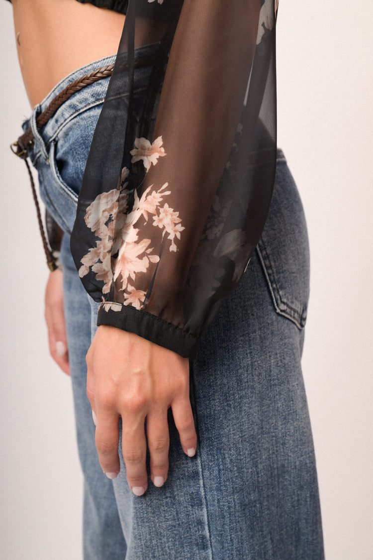 Top crop in tulle trasparente a stampa floreale nero/multicolor