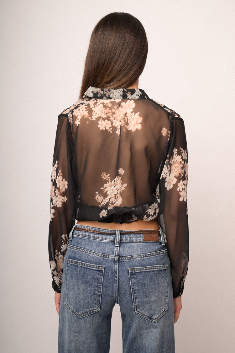 Top crop in tulle trasparente a stampa floreale nero/multicolor