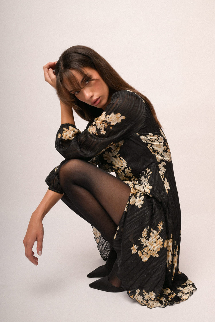 Abito in georgette lurex a stampa floreale nero/multicolor