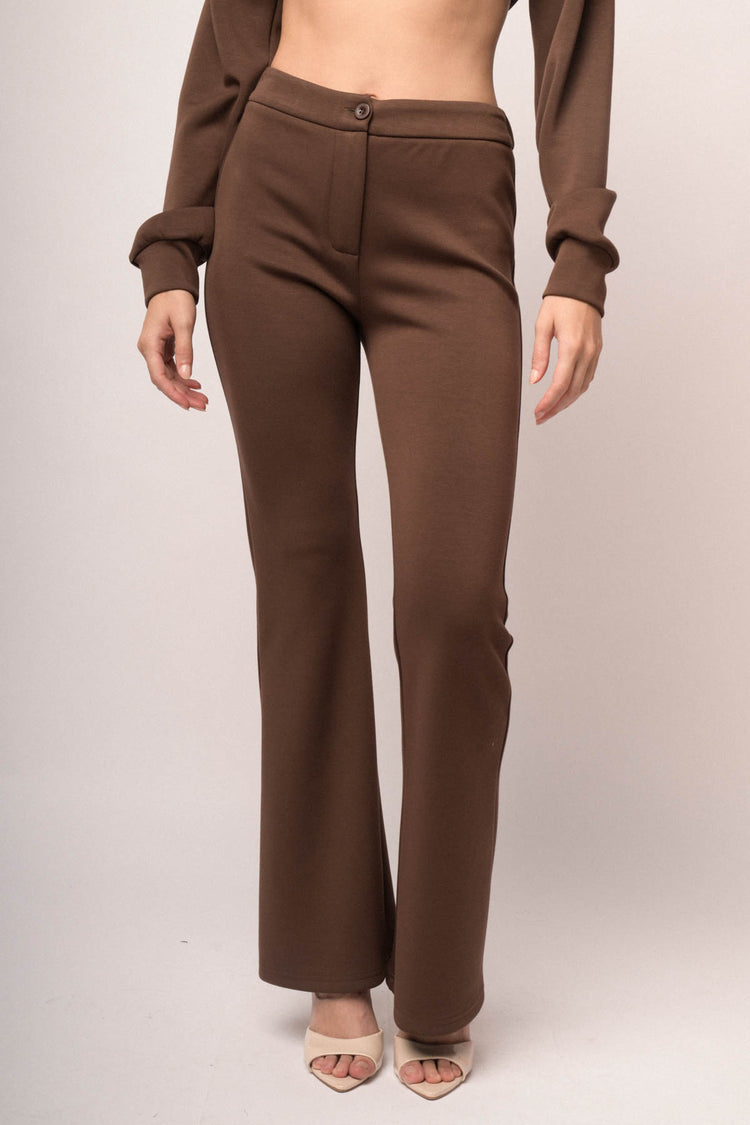 Pantaloni in jersey felpato cioccolato a gamba svasata
