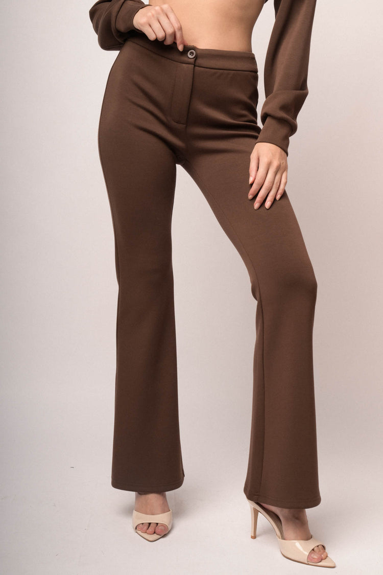 Pantaloni in jersey felpato cioccolato a gamba svasata