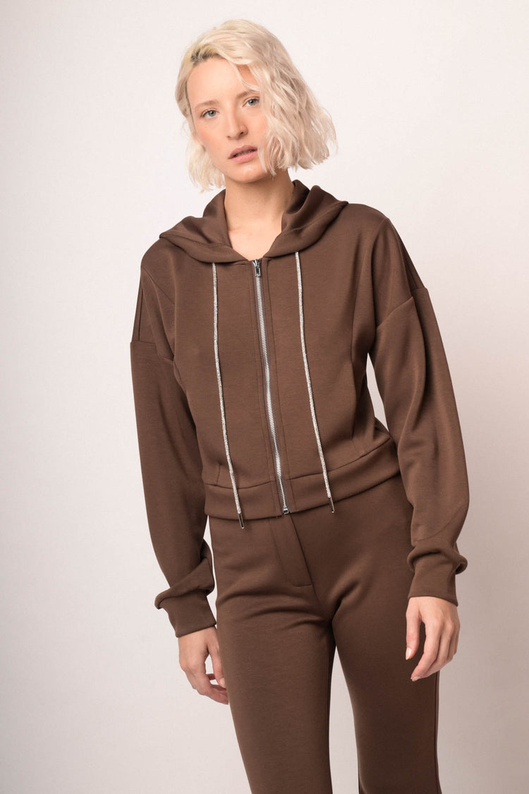 Felpa con cappuccio e zip cioccolato