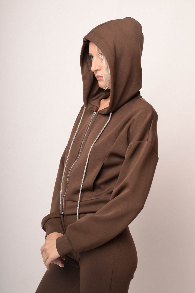 Felpa con cappuccio e zip cioccolato
