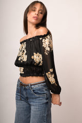 Top crop in georgette lurex a stampa floreale nero/multicolor