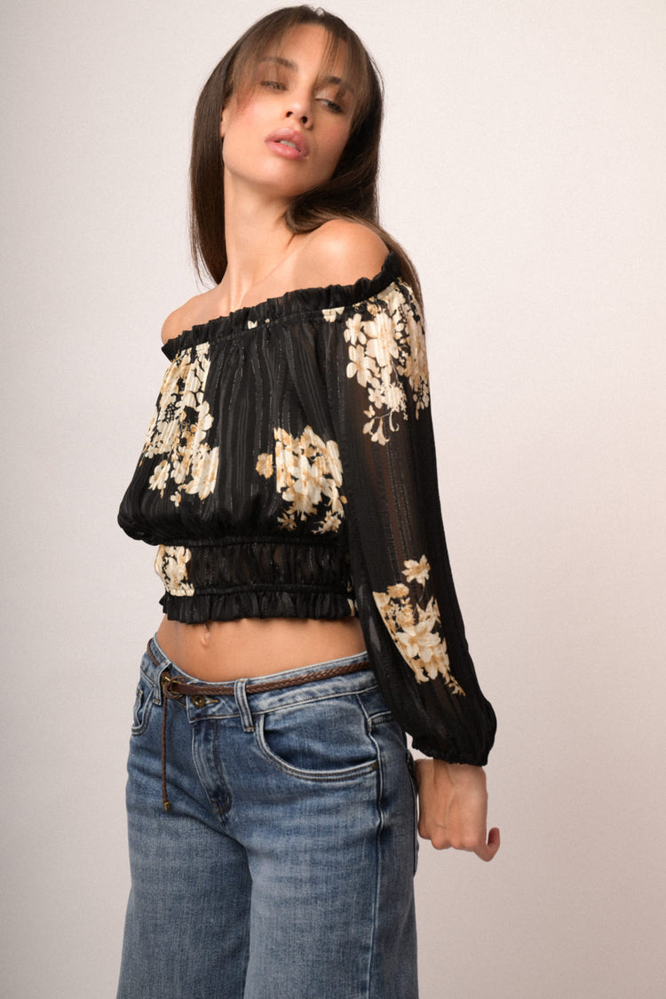 Top crop in georgette lurex a stampa floreale nero/multicolor