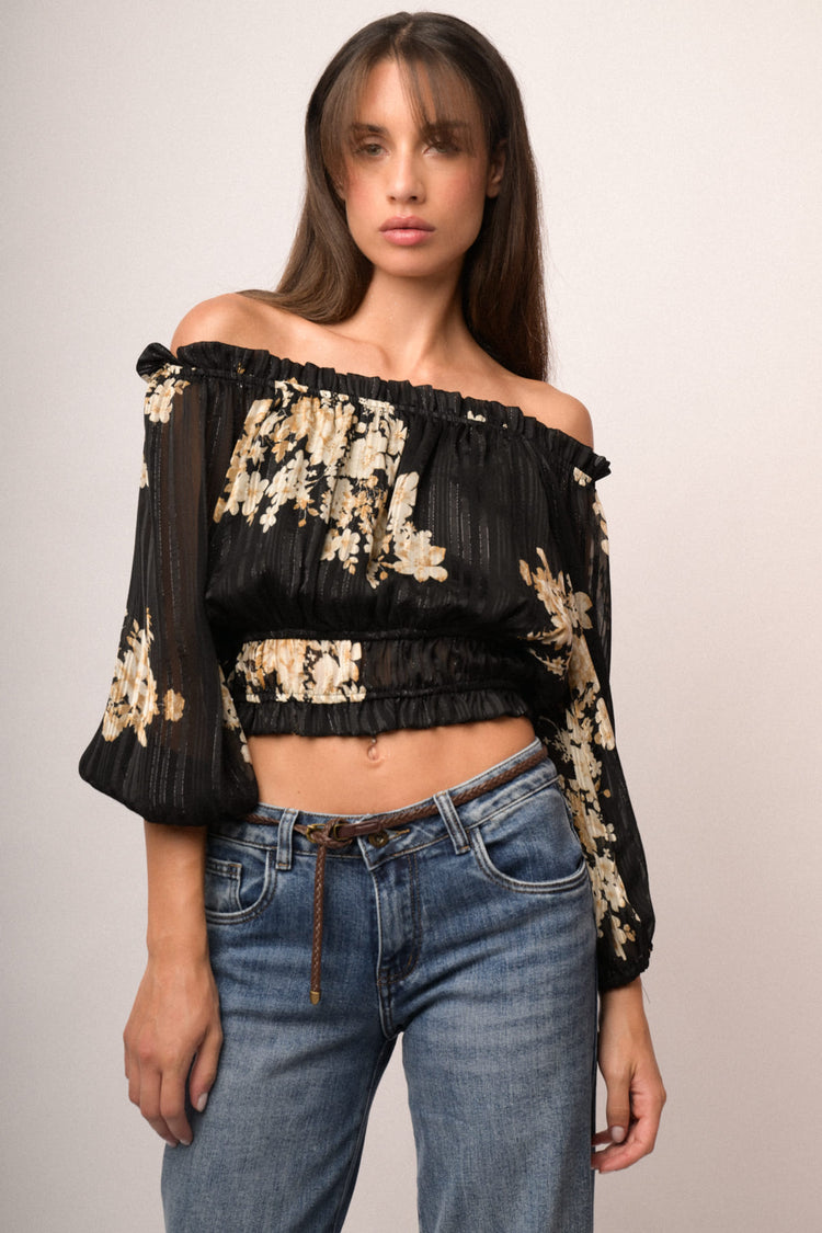 Top crop in georgette lurex a stampa floreale nero/multicolor