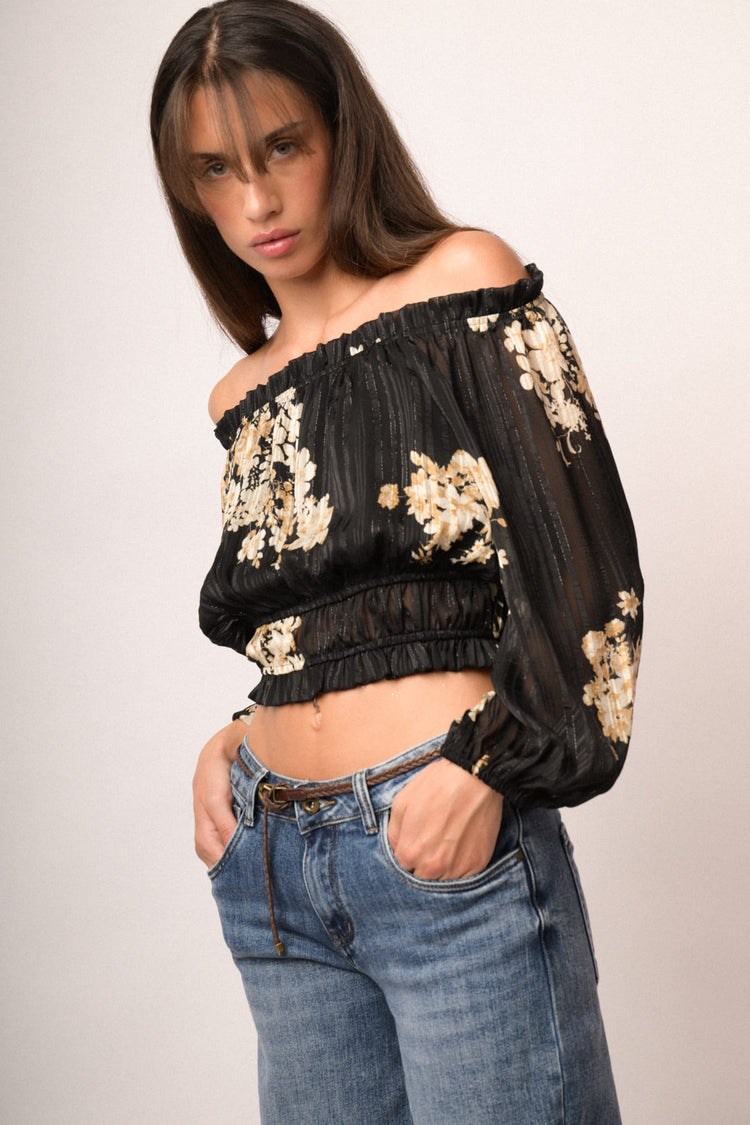 Top crop in georgette lurex a stampa floreale nero/multicolor