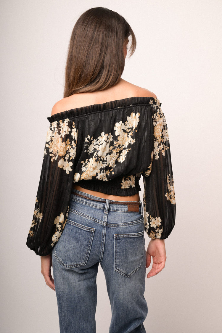 Top crop in georgette lurex a stampa floreale nero/multicolor